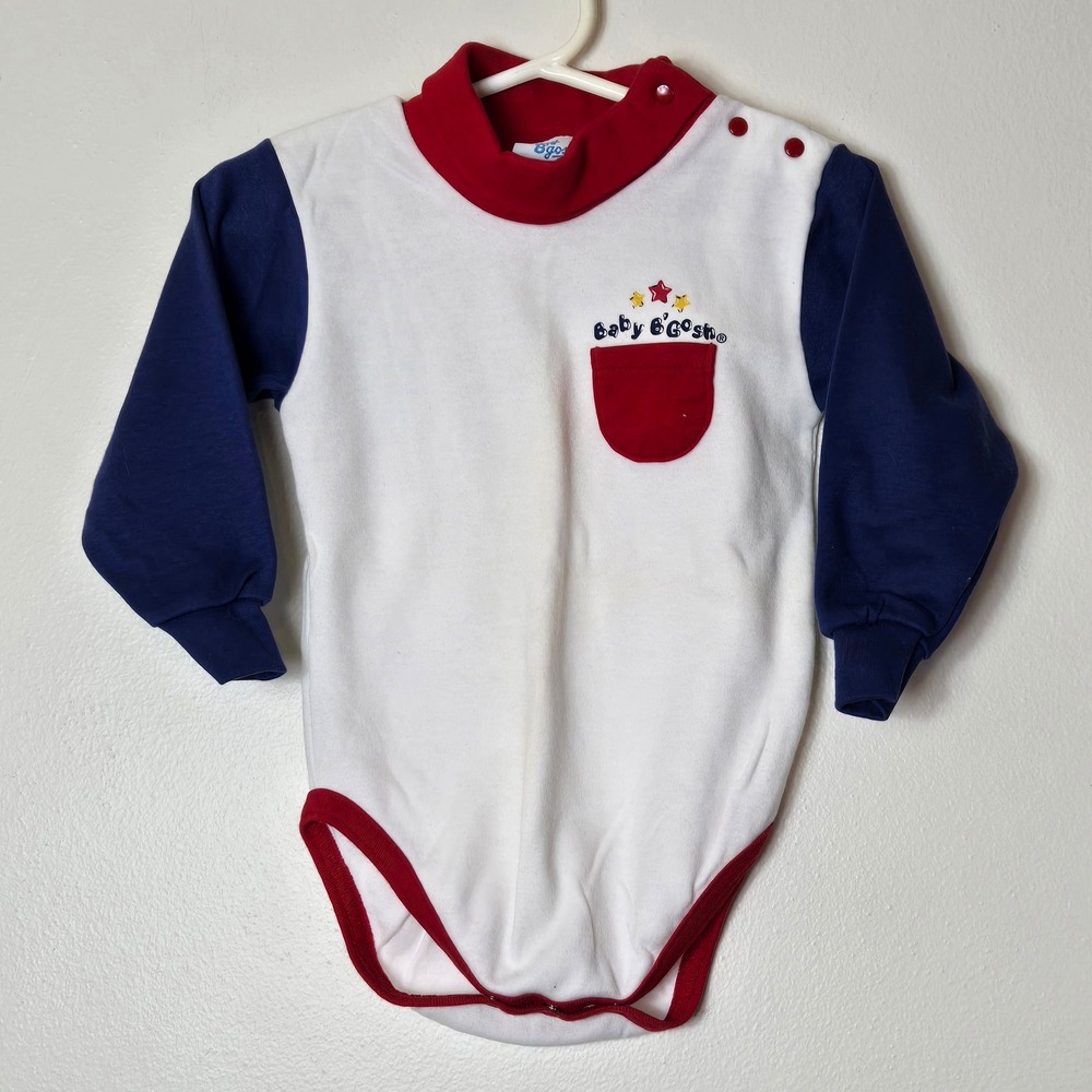 Vintage Baby Bgosh OshKosh Bodysuit 18M White Navy Red Mock Neck Made in‎ USA
